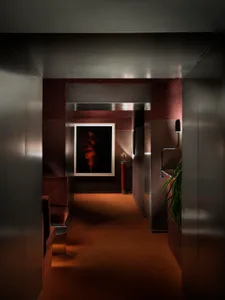 A dimly lit modern hallway with red walls, a brown carpet, a painting, and a potted plant