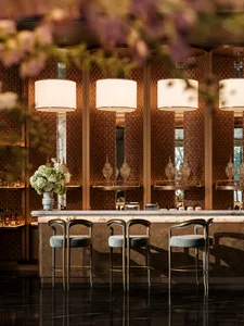 A modern bar with a marble counter, stools, and a vase of flowers, decorated with bottles and cups, and two potted plants, under soft and warm lighting
