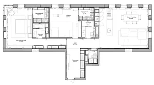 Black and white floor plan of a living room and kitchen with a couch, dining table, sink, and refrigerator, featuring natural lighting and a minimalist style
