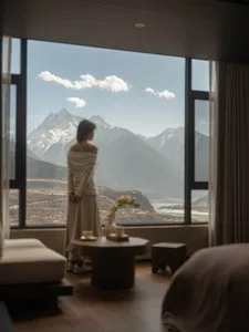 一名女性站在客廳，面對一張沙發和餐桌，透過大型窗戶望著山景，周圍充滿溫馨和邀人入住的氛圍，自然光線和擺放花瓶的桌上