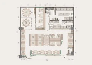 2D top-down floor plan of a modern restaurant with wood construction, dining tables, and natural light from windows