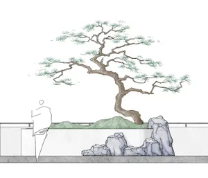 A rendered scene of a bonsai tree in a rock garden, surrounded by rocks and a person, set in a courtyard with a mix of traditional and modern elements