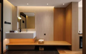 Bathroom with a white sink, wooden walls, and a mirror above the sink in a dimly lit space