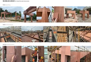 A construction site with a mix of photographs and 2D schematics, featuring earth tones, natural lighting, and visible shadows and reflections, with evident materials including concrete, steel, and wood