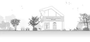 A modern building with a large window, door, and tree in the foreground, set against a white background