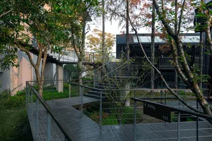 以木材和混凝土為主要材料的住宅大樓,具有自然光線和二樓陽台