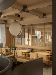 A modern restaurant with a large dining area featuring multiple tables, chairs, and potted plants, with a warm and inviting atmosphere and a combination of wood and metal materials