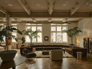 A modern living room with a large window, comfortable furniture, and multiple potted plants, well-lit with natural light