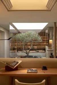 一間現代客廳的照片，包含沙發、椅子、餐桌、植物、書本，透過大窗戶進入自然光和中性顏色