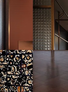 A collage of four images showcasing a room with a black and white checkered tile floor, a staircase with black railing and brown wall, a hallway with brown wall and black railing, and a room with brown wall and black railing