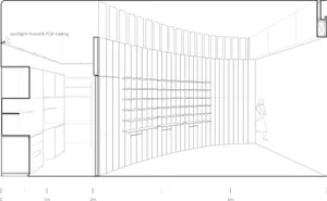 Black and white floor plan of a modern room with a curved wall and wooden panels, featuring a door for entry