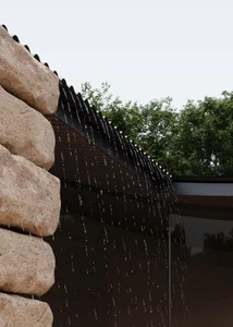 A serene building with a waterfall on its side, featuring a stone-like appearance and a calming atmosphere
