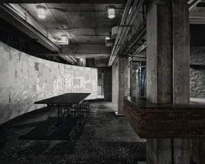 Dimly lit dining and kitchen space with a concrete floor, a dining table, and a counter