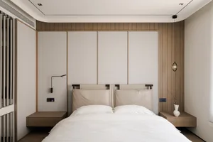 Cozy bedroom with a wooden bed, nightstands, and a wooden headboard, featuring a simple and functional design