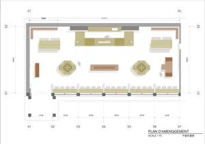 Detailed modern room floor plan with a large couch, dining table, and bench, featuring white materials and natural lighting