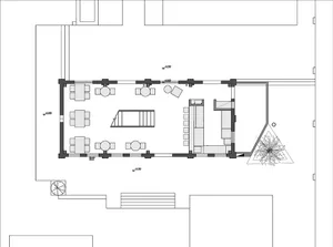 A dimly lit modern restaurant with a large room containing a dining area, chairs, and tables, with a floor plan layout of room outlines, labels, and measurements