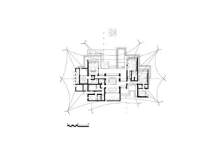 Black and white drawing of a house floor plan with simple shapes and outlines, minimal lighting, and no visible materials