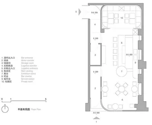 2D floor plan of a modern restaurant and bar with concrete, wood, and metal materials, dim lighting, and inviting atmosphere