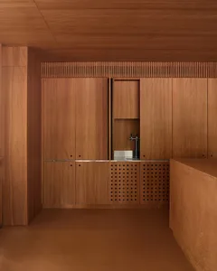 A modern kitchen with wooden cabinets and a sink in a dimly lit space