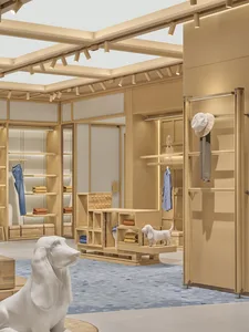 一間休閒服裝店地板，充滿著襖和帽子，中間坐著一隻狗