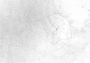 Black and white drawing of a minimalist residential floor plan with a staircase and a person visible in the scene