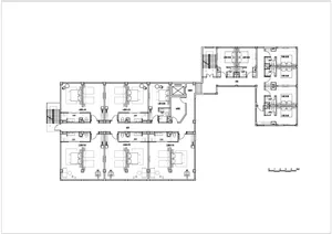 A modern building floor plan with clean lines, minimal decoration, and natural lighting from windows