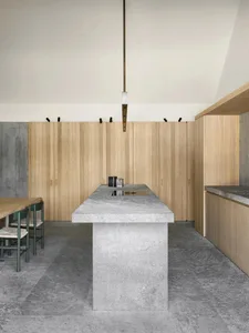 Modern kitchen with wooden cabinets, marble countertop, and natural light from windows