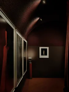 A dimly lit hallway with a red wall, lined with pictures and a painting, creating a moody atmosphere