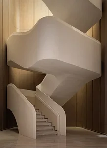 A dimly lit hallway with a wooden staircase, featuring white stairs and a mysterious atmosphere