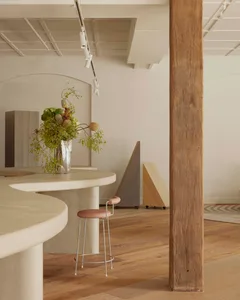 Cozy living and dining area with a wooden floor, a bar, a dining table, and a potted plant