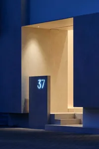 A calm and inviting doorway with a number 37 on it, surrounded by a staircase and a potted plant