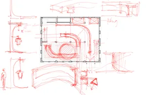 Detailed black and white floor plan of a minimalist residential space featuring a kitchen and bathroom with various elements and labels