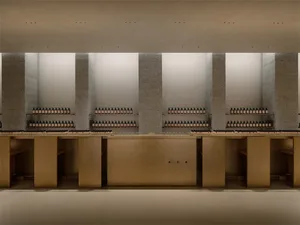 A bright and organized store with rows of bottles on shelves and a counter, creating a welcoming atmosphere for shoppers
