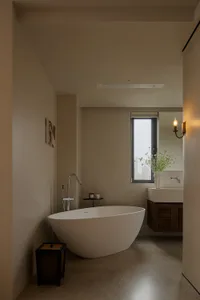 A modern bathroom with a large, white, round bathtub under a window, surrounded by a clean and well-lit space