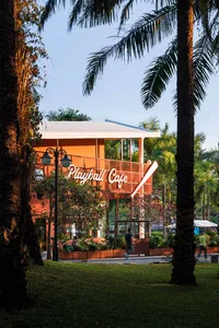 A modern restaurant with a wooden exterior, palm tree, and natural lighting, filled with furniture and people enjoying the outdoor ambiance