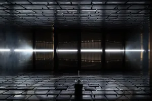 A dark and empty room with a metal pole in the center, creating a sense of simplicity and emptiness