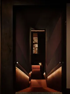 A dimly lit staircase with a red carpet and wooden steps in a quiet residential building