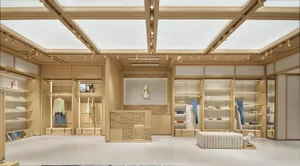 具有木質地板和牆壁的明亮現代商店，內置沙發、椅子、長椅、書櫥和櫃子