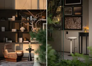 A modern living room with a mix of black and white and color elements, featuring a couch, chair, dining table, plants, vases, and books, with natural light coming in through the windows