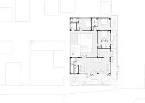 White 2D floor plan of a modern house with clean lines, minimal decoration, and natural light from windows