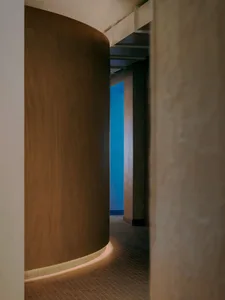 A dimly lit residential hallway with a blue wall, a brown wooden door, and a glimpse of a living room beyond