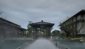 A photograph of a building with a black roof surrounded by trees, featuring a wooden bridge over a pool of water leading to a pavilion