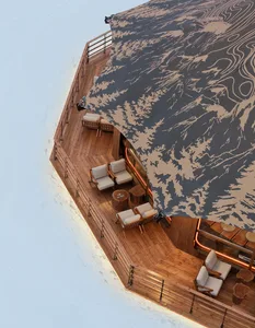 A wooden structure with a large open umbrella providing shade and protection, featuring a dining table and chairs in a social and inviting setting
