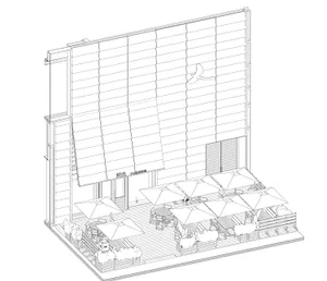 Inviting outdoor seating area with white building, umbrellas providing shade, and comfortable atmosphere