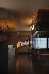 A modern kitchen with a sink, counter, and dining table, decorated with potted plants, vases, and a bowl, in a dimly lit space