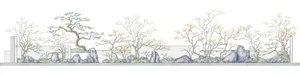 a serene garden scene with a large tree, small tree, and rock wall, surrounded by natural elements