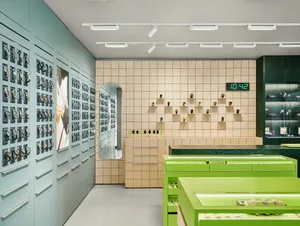 A bright and inviting jewelry store with a green and white color scheme, featuring a variety of displayed items and a large clock on the wall