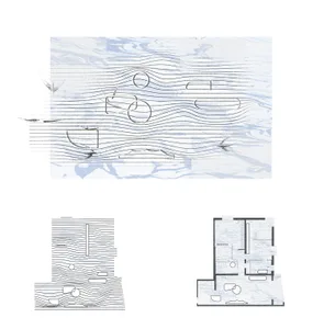 Top-down view of a modern residential building floor plan with clean lines, minimalistic design, and natural lighting