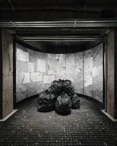 A cluttered storage space filled with stacked black trash bags, creating a large pile that occupies most of the floor space, with a dull and uninviting atmosphere