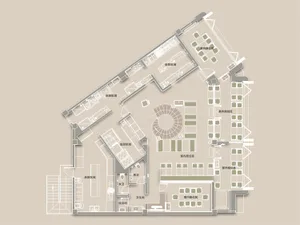 A modern floor plan of a large open-plan dining space with multiple chairs and tables, a circular central gathering spot, and clean lines and minimal decoration